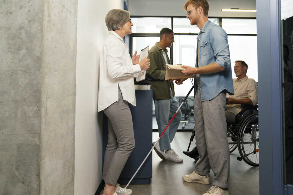 our vocational rehabilitation services are designed to help individuals in recovery rebuild their careers, develop job skills, and secure meaningful employment, blind person working inclusive office job
