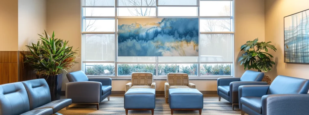 a professional therapy office exuding warmth and tranquility, featuring modern, comfortable seating in soothing blue and grey tones, illuminated by soft artificial lighting and large windows that filter gentle sunlight, complemented by subtle decorative abstract art and strategically placed indoor plants, all designed to create a serene and inviting atmosphere for clients.