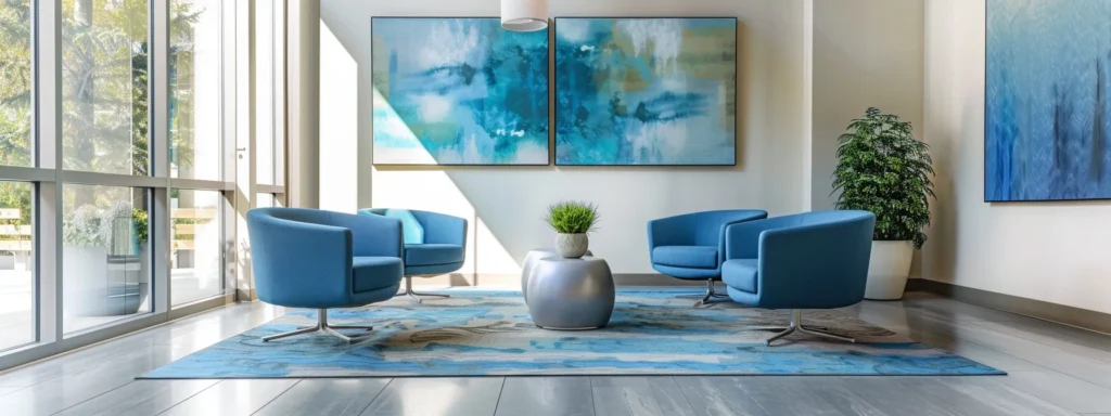 a serene and inviting therapy office interior features modern seating in soothing blue and grey tones, with warm sunlight filtering through large windows, complemented by soft lighting and subtle abstract art, creating a tranquil environment ideal for drug and alcohol detox discussions.