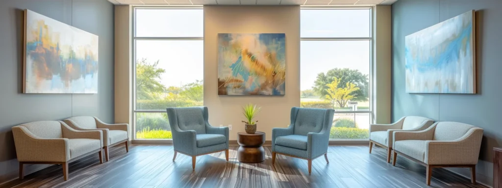 a serene and inviting therapy office interior, featuring soft blue and grey furnishings, large windows allowing warm sunlight to fill the space, and minimalist abstract art, creating an atmosphere of comfort and safety for mental health discussions.