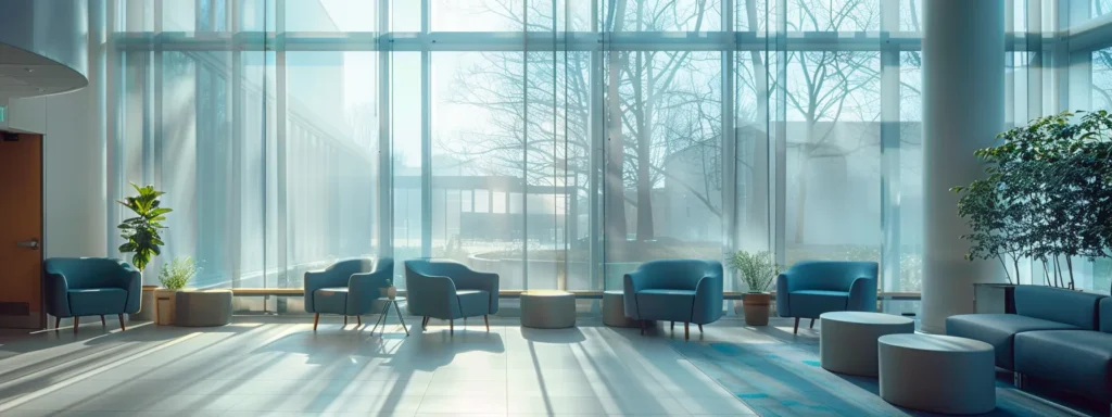 a serene and inviting therapy office interior, illuminated by warm natural sunlight filtering through large windows, features modern blue and grey seating, minimalist decor with abstract art, and a calming ambiance designed to promote the effectiveness of medically-assisted detox treatments.
