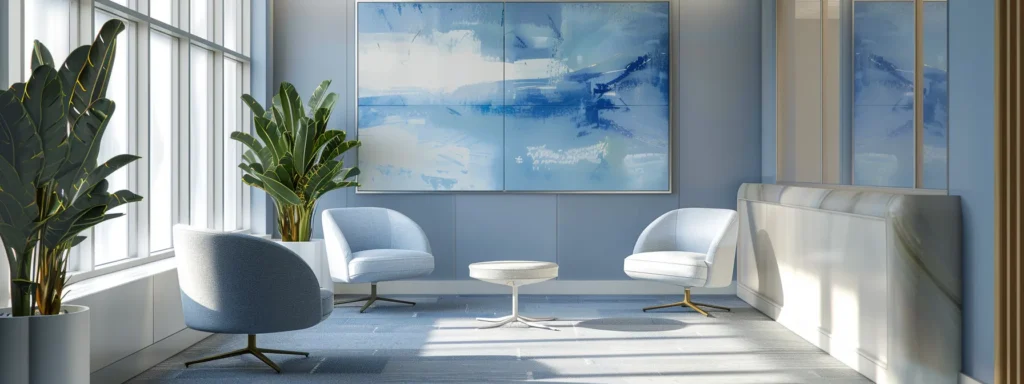 a serene and inviting therapy office features comfortable modern seating in calming blue and grey tones, illuminated by warm natural sunlight streaming through large windows, with subtle abstract art on the walls and a clean, uncluttered ambiance that promotes emotional safety and regulation.