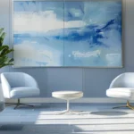 a serene and inviting therapy office features comfortable modern seating in calming blue and grey tones, illuminated by warm natural sunlight streaming through large windows, with subtle abstract art on the walls and a clean, uncluttered ambiance that promotes emotional safety and regulation.