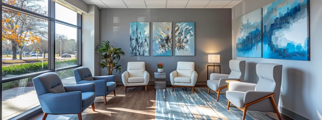 a serene and inviting therapy office features comfortable modern seating in calming blue and grey tones, with natural sunlight streaming through large windows, soft lighting, and abstract art on the walls, creating a tranquil atmosphere ideal for combining cbt and dbt for enhanced recovery.