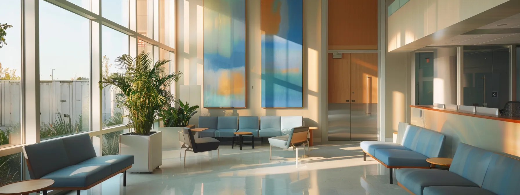 a serene and inviting therapy office interior, featuring contemporary seating in soothing blue and grey hues, illuminated by warm sunlight spilling through large windows, with artful abstract decorations enhancing the tranquil atmosphere.