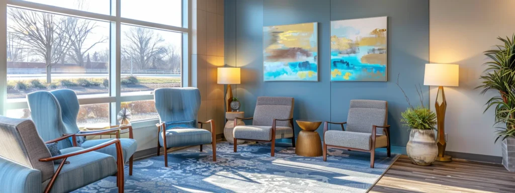 a serene and inviting therapy office interior in tennessee features calming blue and grey tones, comfortable modern seating, and soft ambient lighting, with abstract art adorning the walls, all illuminated by warm sunlight streaming through large windows.