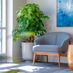 a serene and inviting therapy office interior bathed in warm natural light, featuring comfortable modern seating in calming blue and grey tones, with abstract art on the walls and peaceful indoor plants, creating an atmosphere of tranquility and safety.