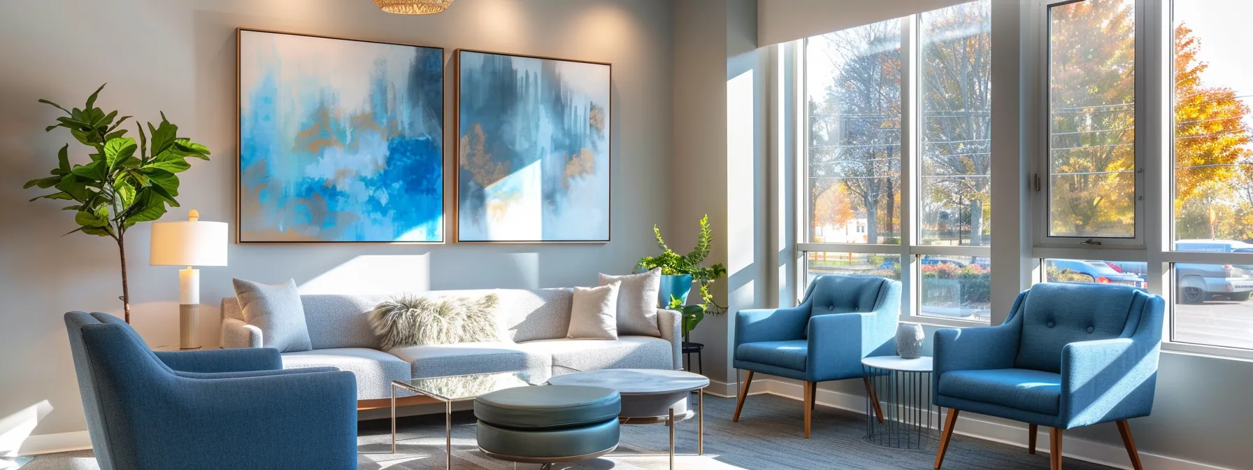 a serene and inviting therapy office, featuring modern blue and grey furnishings, warm sunlight filtering through large windows, and calming abstract art on the walls, all designed to create an atmosphere of safety and comfort for combining cbt and dbt principles.