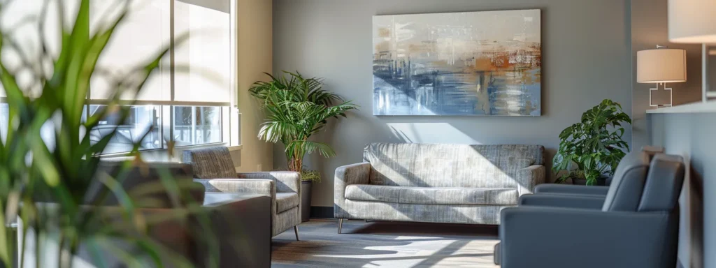 a serene and inviting therapy office features comfortable seating in soothing blue and grey tones, illuminated by warm sunlight filtering through large windows, with elegant abstract art adorning the walls and gentle indoor plants enhancing the atmosphere of calm and safety.