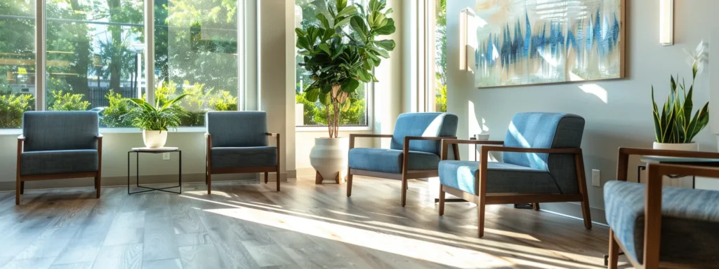 a serene and inviting therapy office features comfortable modern seating in calming blue and grey tones, with large windows allowing warm sunlight to illuminate the clean, uncluttered space adorned with subtle abstract art and peaceful indoor plants, creating an atmosphere of safety and tranquility.