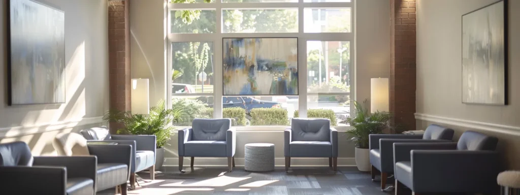 a serene and inviting therapy office interior featuring modern seating in calming blue and grey tones, illuminated by warm sunlight streaming through large windows, complemented by soft lighting and abstract art that together evoke a sense of tranquility and safety, captured with a shallow depth of field.