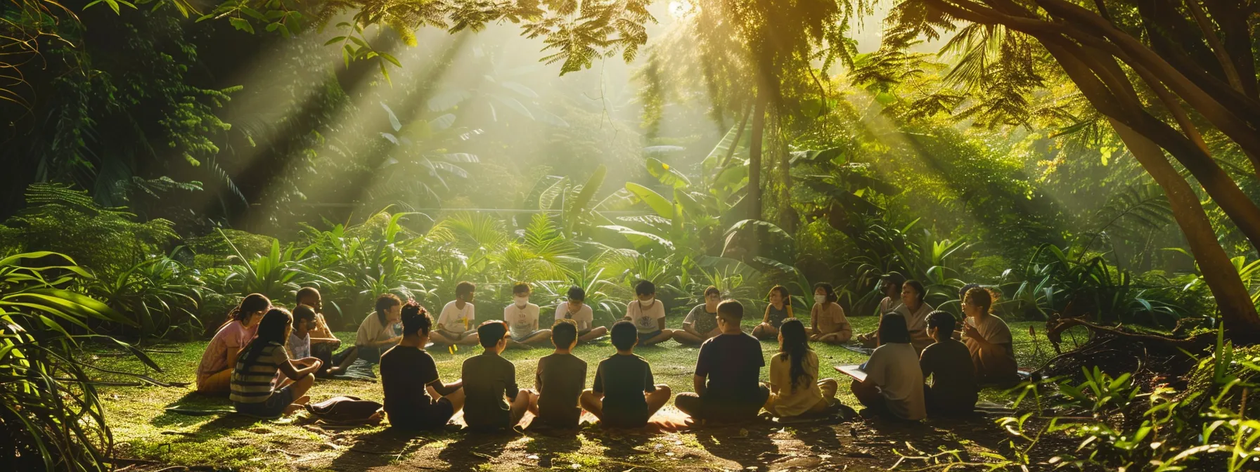 a serene nature setting bathed in soft morning light showcases a diverse support group gathered in a circle, with vibrant greenery surrounding them, symbolizing hope and healing in the journey of addiction recovery.