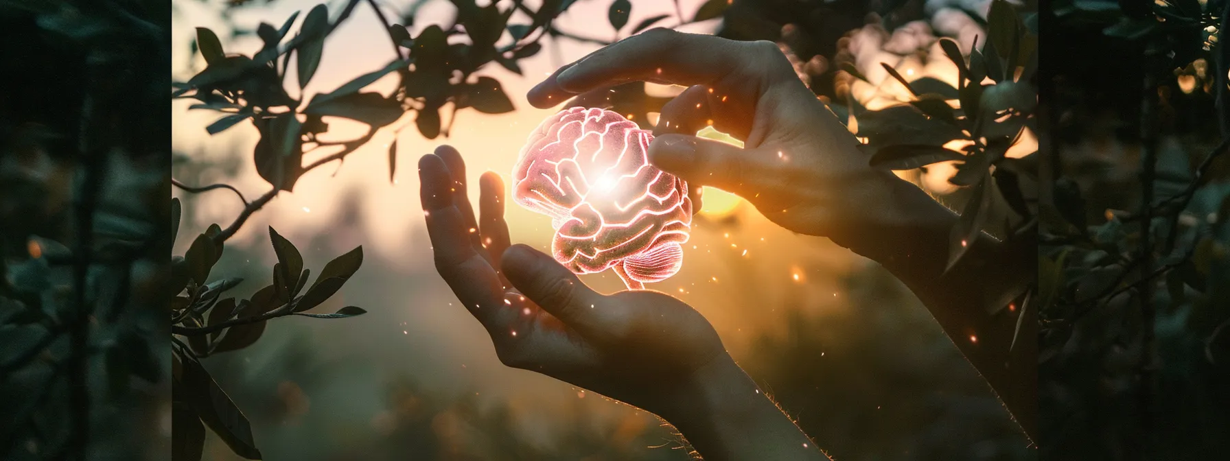 a serene nature setting enveloped in soft pastel colors depicts a person reaching out towards a glowing heart and brain symbol, embodying hope and compassion in the journey of recovery from addiction and mental health struggles.