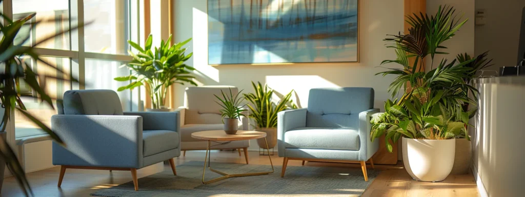 a serene therapy office bathed in warm sunlight, featuring modern blue and grey seating, peaceful indoor plants, and abstract art, all reflecting the calming essence of cognitive behavioral therapy.