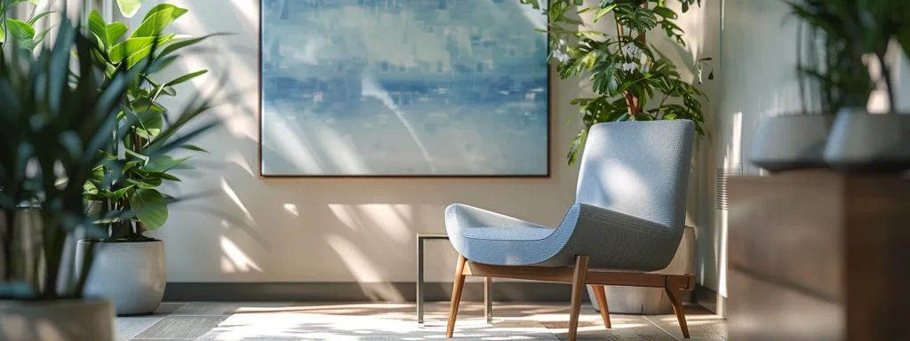 a serene therapy office bathed in warm natural light, featuring modern seating in soothing blue and grey tones, complemented by abstract artwork and carefully placed indoor plants, all designed to create a welcoming atmosphere for those seeking healing and support.