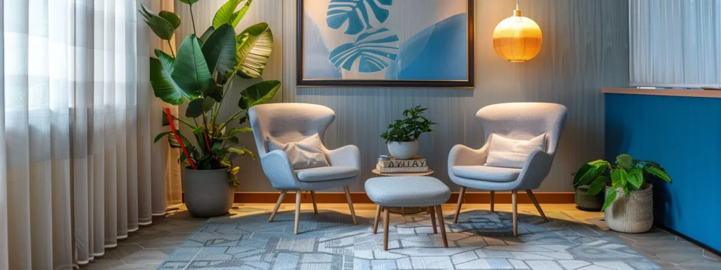 a serene therapy office bathed in warm natural light, featuring modern seating in calming blue and grey tones, adorned with soft decorative art and peaceful plants, creating a welcoming atmosphere for discussions on mental health and addiction.