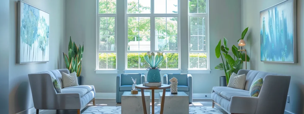 a serene therapy office exuding warmth and safety, featuring modern, calming blue and grey seating, softly illuminated by natural sunlight filtering through large windows, complemented by peaceful decor and abstract art that invites reflection and healing.