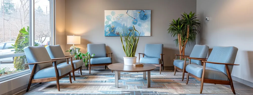 a serene therapy office in tennessee, featuring inviting modern seating in calming blue and grey tones, bathed in warm sunlight filtering through large windows, complemented by peaceful indoor plants and subtle abstract art, creating a nurturing atmosphere for drug and alcohol detox.