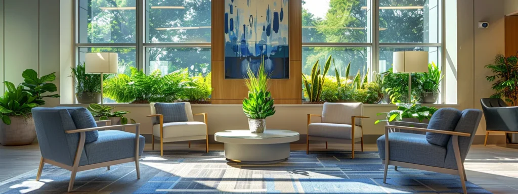 a serene therapy office interior featuring comfortable modern seating in calming blue and grey tones, illuminated by warm sunlight streaming through large windows, accented with peaceful indoor plants and abstract art, creating an inviting atmosphere for transitioning from inpatient care to independence.