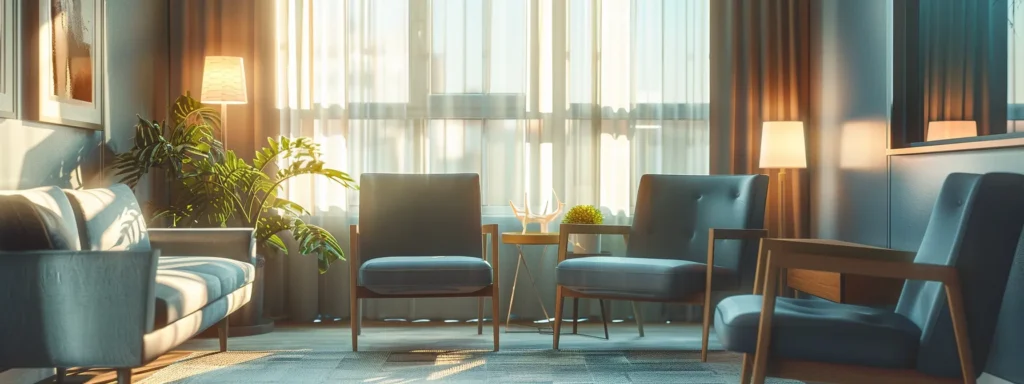a serene therapy office interior featuring modern seating in soothing blue and grey hues, bathed in warm sunlight, complemented by peaceful decor and soft lighting that embodies a supportive atmosphere for discussing the connection between mental health and addiction.