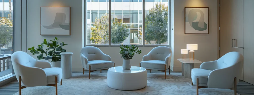 a serene therapy office interior bathed in warm, natural light from expansive windows, featuring modern seating in calming blue and grey tones, complemented by soft decorative elements and a clean, uncluttered atmosphere that conveys tranquility and support for medically-assisted detox.