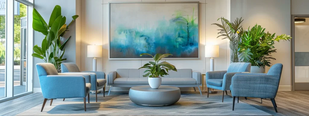 a serene therapy office interior bathed in warm natural light, featuring comfortable modern seating in calming blue and grey tones, complemented by peaceful indoor plants and abstract art on the walls, creating a welcoming atmosphere for recovery after detox.