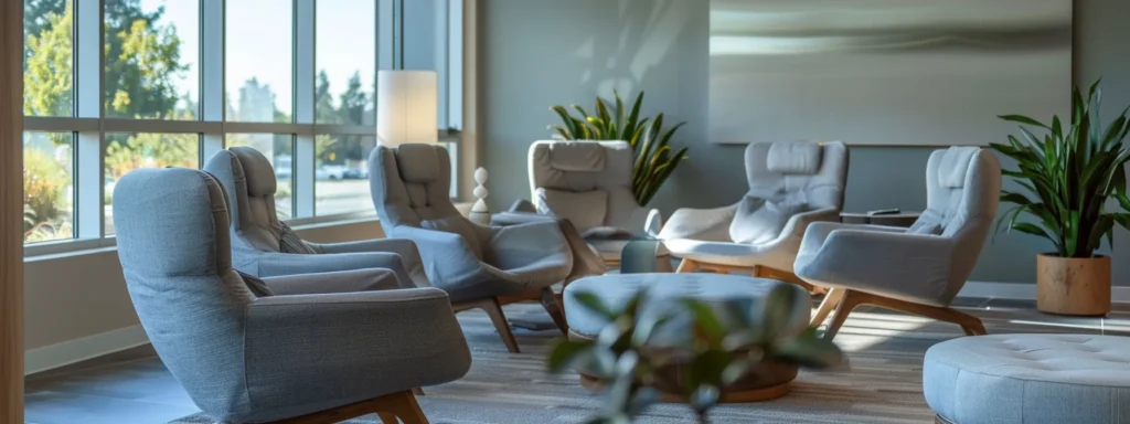 a serene therapy office interior showcases modern seating in calming blue and grey tones, bathed in warm natural light streaming through large windows, fostering a welcoming atmosphere for relapse prevention discussions.