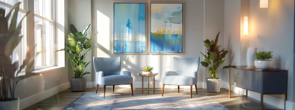 a serene therapy office interior bathed in warm sunlight, featuring modern blue and grey furnishings, soft ambient lighting, and minimalist abstract art, creating a welcoming atmosphere for personal transformation through dbt.