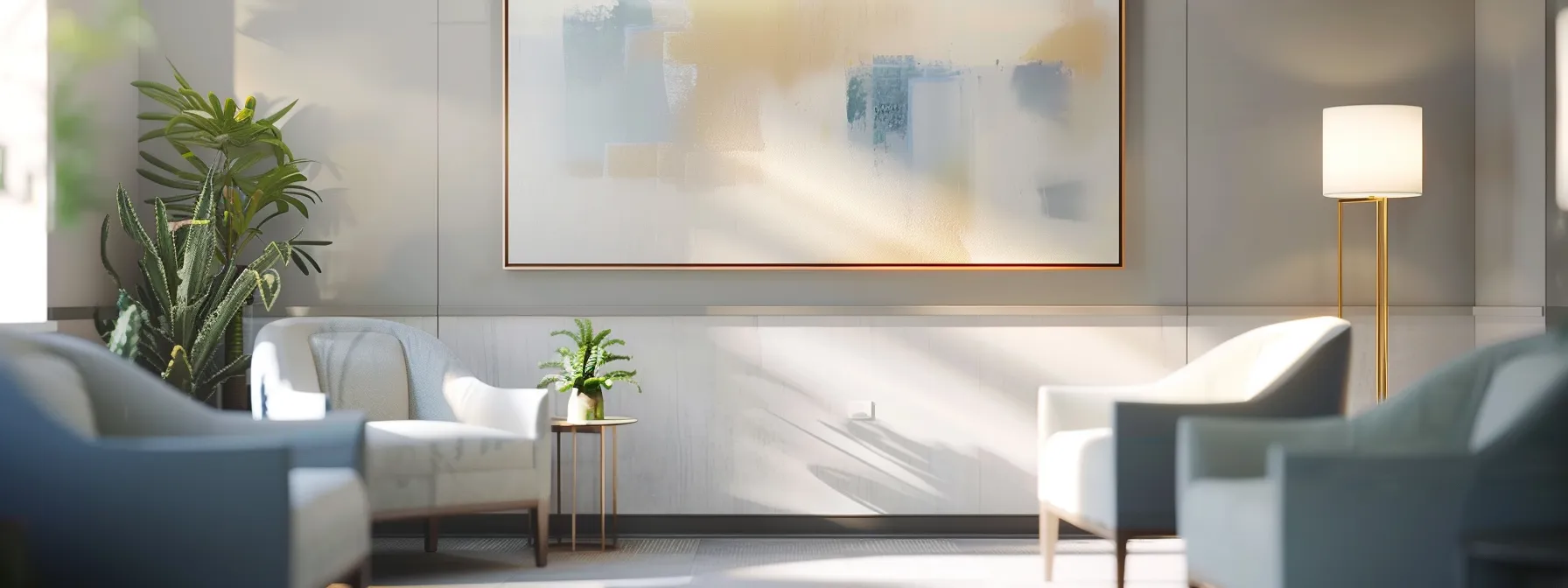 a serene therapy office interior bathed in warm sunlight, featuring comfortable modern seating in soothing blue and grey tones, subtle abstract art on the walls, and peaceful decor that creates an inviting atmosphere for transitioning from inpatient to independence.