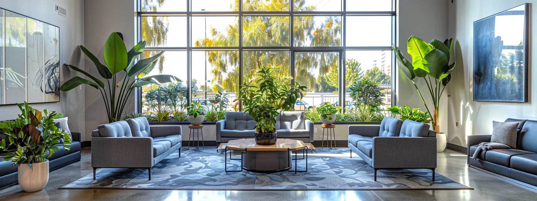 a serene therapy office interior bathed in warm natural light from expansive windows, featuring modern, comfortable seating in calming blue and grey tones, complemented by peaceful indoor plants and subtle abstract art, creating an inviting atmosphere for managing anxiety and depression.