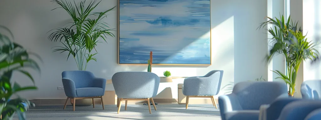 a serene therapy office interior bathed in warm sunlight, featuring modern seating in calming blue and grey tones, complemented by peaceful indoor plants and abstract art, all creating an inviting atmosphere for discussing detox timelines.