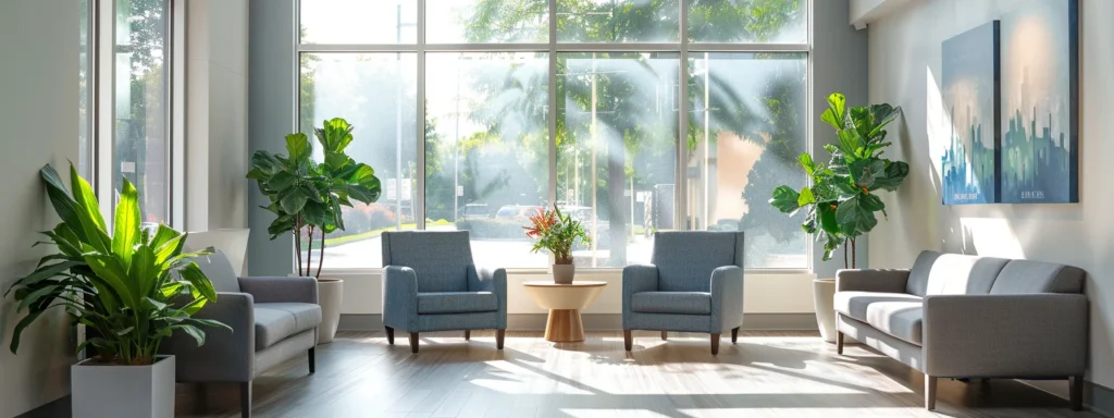 a serene therapy office interior with comfortable modern seating in calming blue and grey tones, illuminated by soft natural light streaming through large windows, accented by peaceful indoor plants and abstract art, creating an inviting atmosphere for managing anxiety and depression.