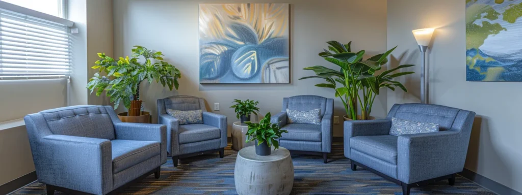 a serene therapy office interior bathed in warm natural light, featuring modern seating in calming blue and grey tones, complemented by peaceful indoor plants and abstract art, creating an inviting atmosphere for drug and alcohol detox discussions.