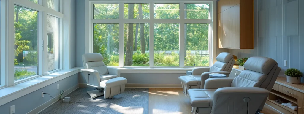 a serene therapy office interior featuring modern seating in calming blue and grey tones, bathed in warm natural light from large windows, with soft decorative elements and a clean, inviting atmosphere that promotes comfort and reflection on the benefits of iop versus php care.