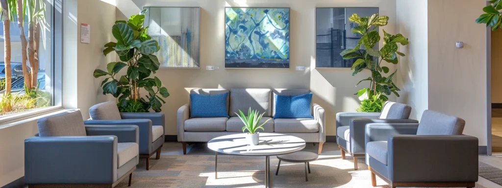a serene therapy office interior bathed in warm natural light, featuring comfortable modern seating in calming blue and grey tones, complemented by peaceful indoor plants and subtle abstract art, creating an inviting atmosphere for relapse prevention and sober living discussions.