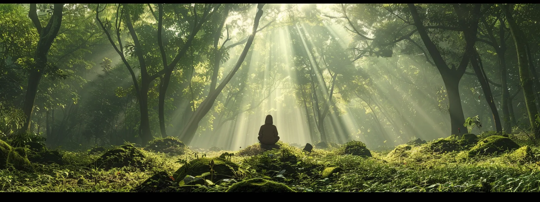 a tranquil forest glade bathed in soft morning light, featuring a lone figure gazing upwards in contemplation, surrounded by lush greenery and symbols of healing, evoking a sense of hope and renewal in the journey of mental health recovery.