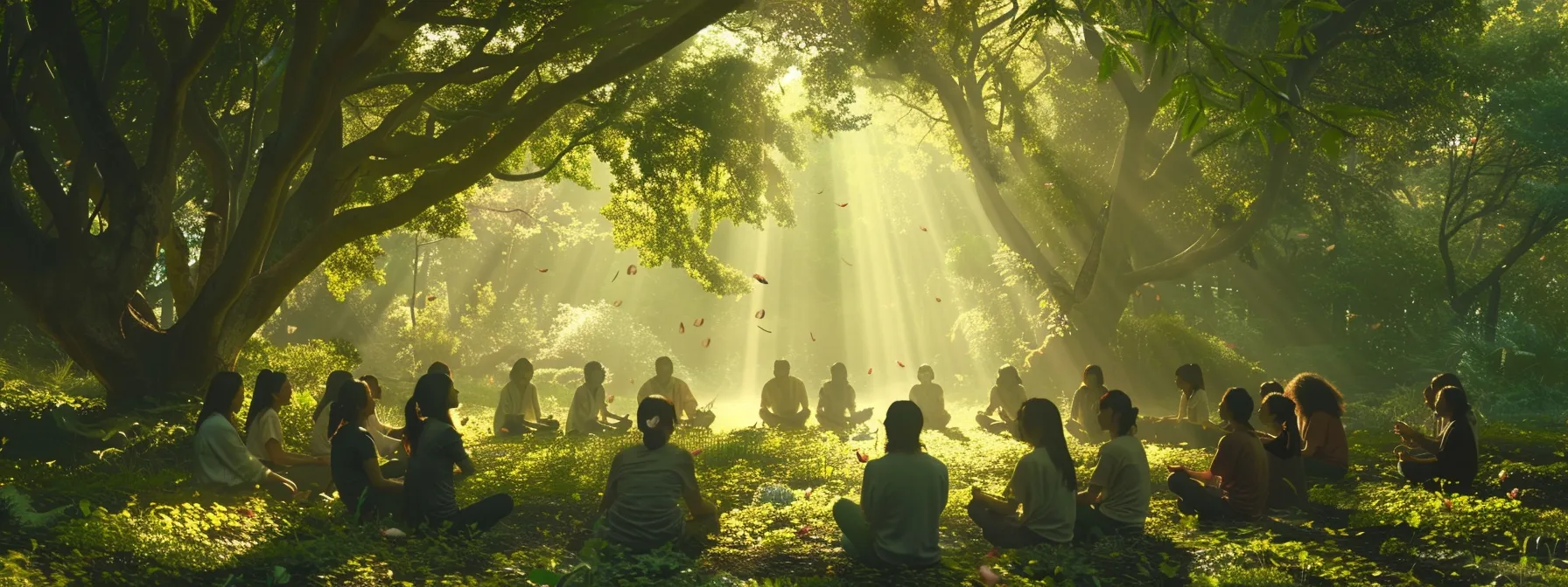 a tranquil nature scene showcases a group of diverse individuals seated in a circle under the soft, dappled light of trees, their expressions reflecting hope and compassion, while a subtle illustration of a heart and brain weaves through the lush greenery, symbolizing the journey of healing and recovery.