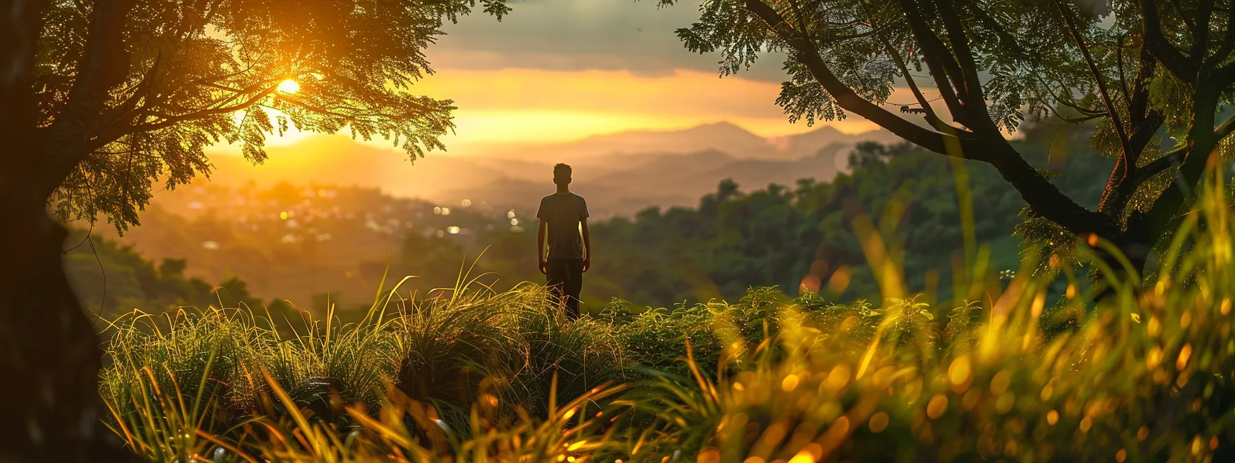 a tranquil scene featuring a serene nature setting where a person stands amidst lush greenery, reaching out toward a vibrant sunset, symbolizing hope and recovery in the realm of addiction and mental health treatment.