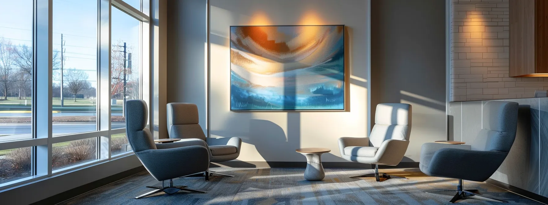 a warm and inviting therapy office interior showcases comfortable modern seating in calming blue and grey tones, illuminated by natural sunlight streaming through large windows, creating a serene atmosphere enhanced by soft lighting and abstract art on the walls.