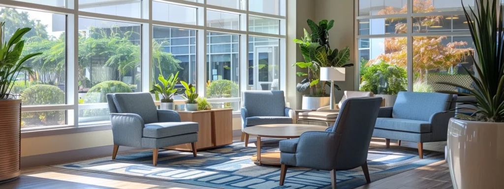 a warm and inviting therapy office interior features comfortable modern seating in calming blue and grey tones, bathed in natural sunlight streaming through large windows, creating a serene atmosphere enhanced by subtle decorative elements and a clean, uncluttered design.